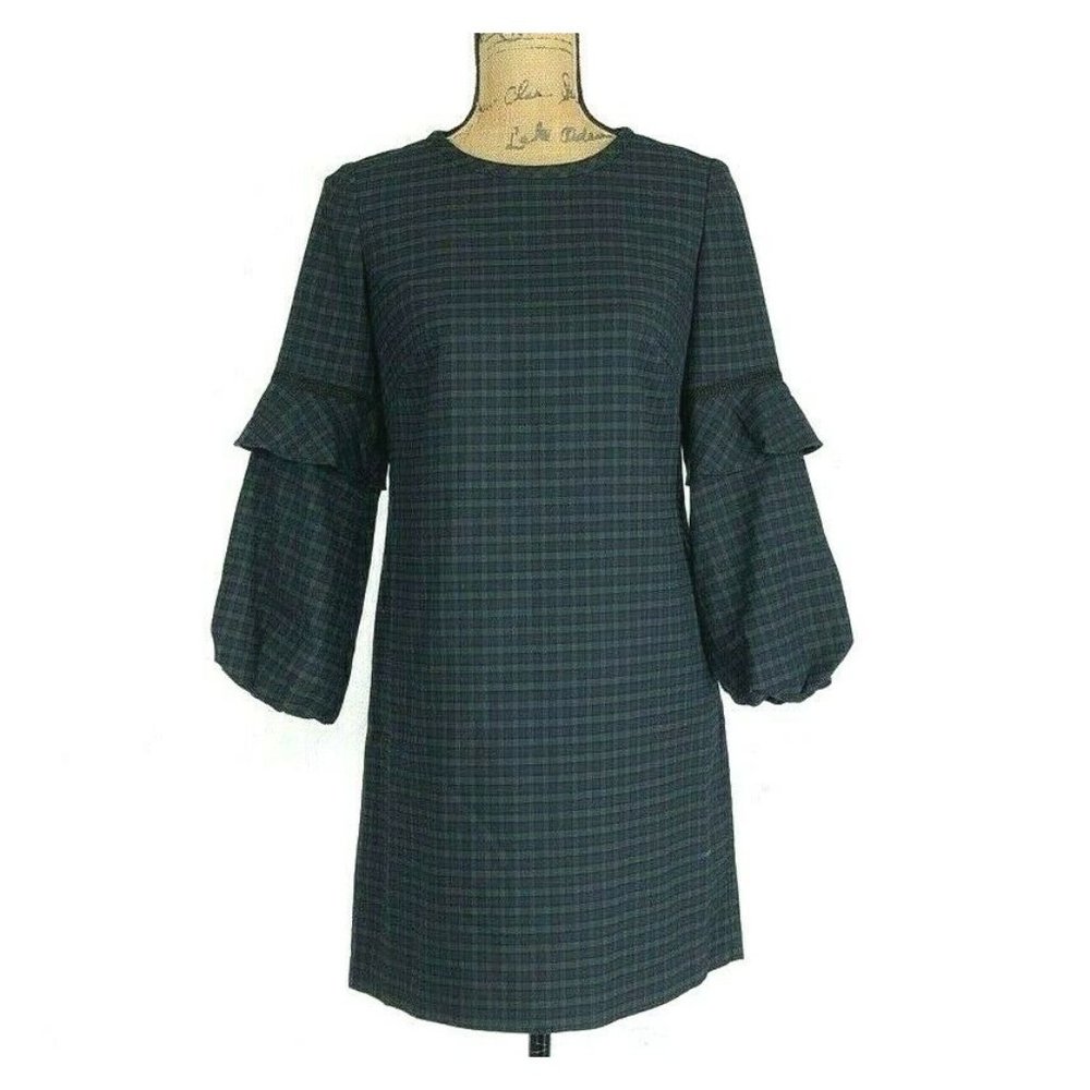 Ann Taylor LOFT 0 Dress Green Blue Black‎ Tartan Plaid Check Shift Long Bell Sl